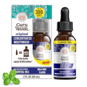 GuruNanda Concentrated Mouthwash (2 fl oz), Fluoride-Free, Mint Mouthwash with Natural Essential Oils, Supports 300 Rinses, Aids in Fresh Breath