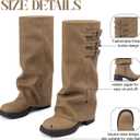 Knee High Boots Women Fall Slouchy Fold Over Tall Boots - Motorcycle, Hidden Zipper, Fashion Buckle, Platform, Square Toe (10, 1 Taupe)