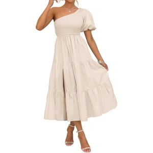 ZESICA Women's Boho Summer One Shoulder Short Sleeve Smocked Side Split Ruffle Swing Midi Dress (Beige, S)