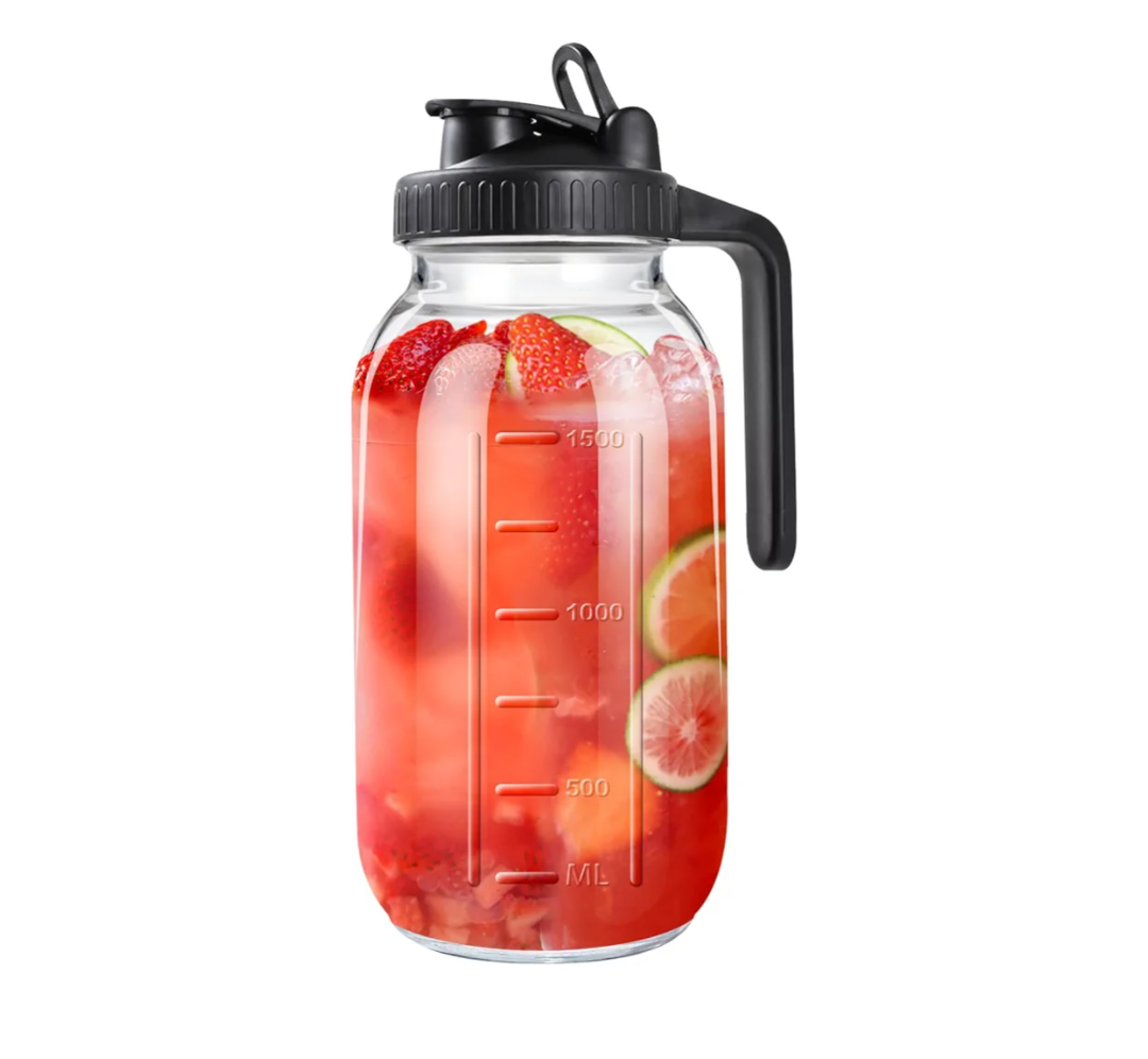 64oz Glass Pitcher with Lid, 2 Quart Mason Jar Pitchers with Lid and Spout, Wide Mouth Breast Milk Pitcher Glass Jug Sun Tea Pitchers, Cold Brew Coffee pitcher, Fridge Container for Water, Juice, Tea