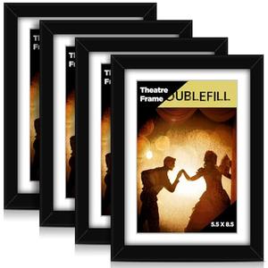 DoubleFill 4 Pcs Theatre Bill Frame with Mat Holds 5.5 x 8.5 Inch Theatre Bill Media Ticket Frame with Easel Stand and Installed Hanger for Gallery Poster Wall Hanging or Tabletop Display (White)