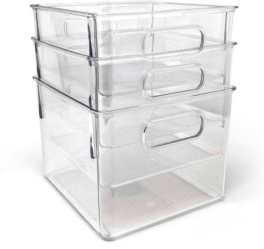 Isaac Jacobs 3-Pack Medium Clear Storage Bins with Handles, Plastic Organizer for Home or Fridge/Freezer, Pantry and Kitchen Non-Slip Container Set, BPA Free, Food Safe (3-Pack, Medium) (Medium)