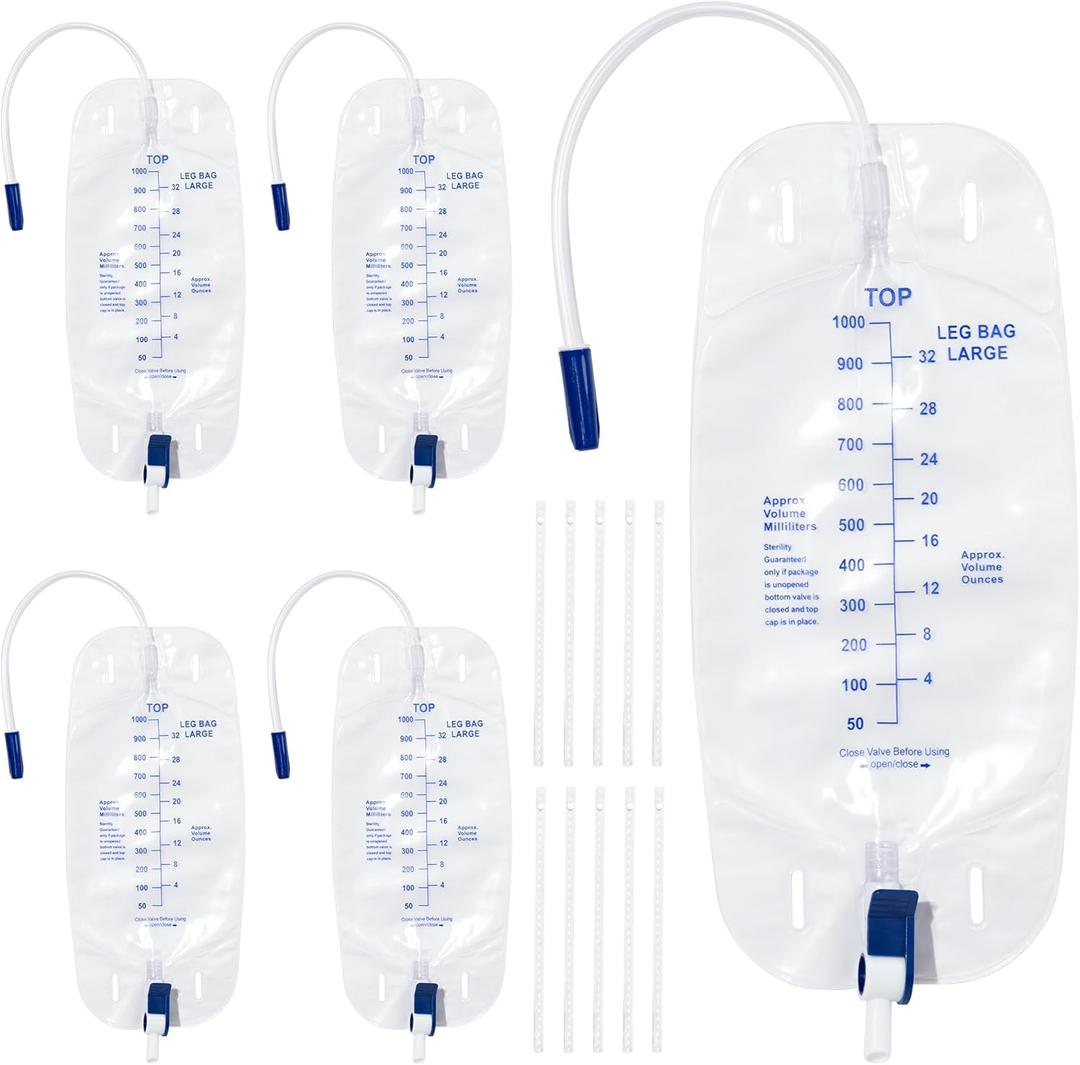 Urinary Drainage Bag 1000ml Catheter Leg Bag, 5 Pack Catheter Leg Bags for Men, Catheter Bags with Anti-Reflux Valve, Adjustable Cloth Straps, Easy Drainage Flip Design