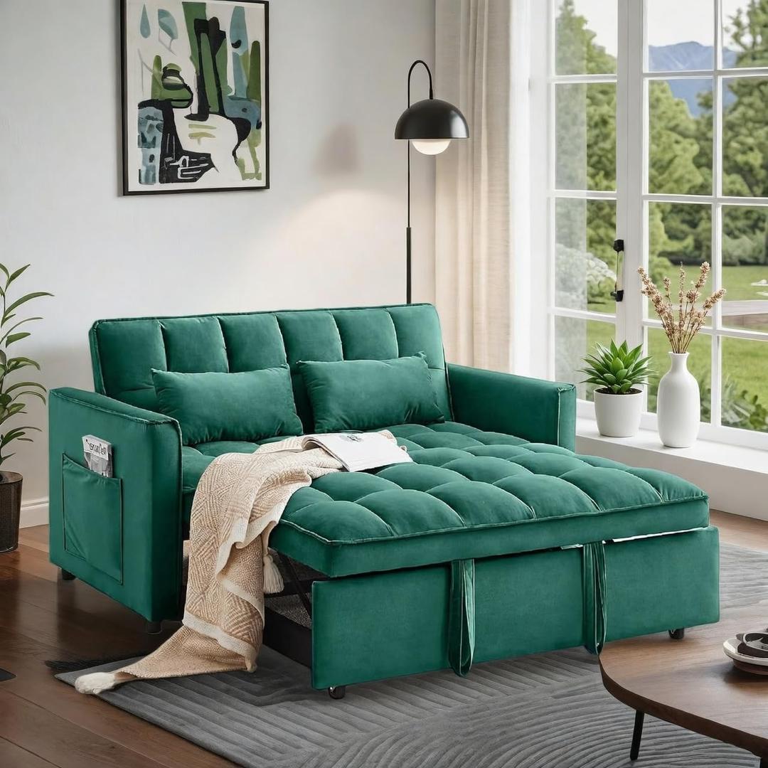 Convertible Sofa Bed, Pull Out Couch with Side Pockets, 3 in 1 Velvet Fabric Loveseat Sleeper Sofa Bed, Pull Out Couch with Adjustable Backrest for Living Room, Bedroom, Apartment, Green
