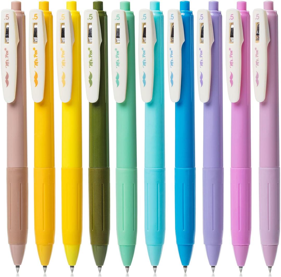 Mr. Pen- Retractable Gel Pens, 10 Pack, Light Vintage Ink, Fine Point 0.5 mm, Fast Dry, Smooth Writing, Cute Pens for Drawing, Writing Planner and School Supplies