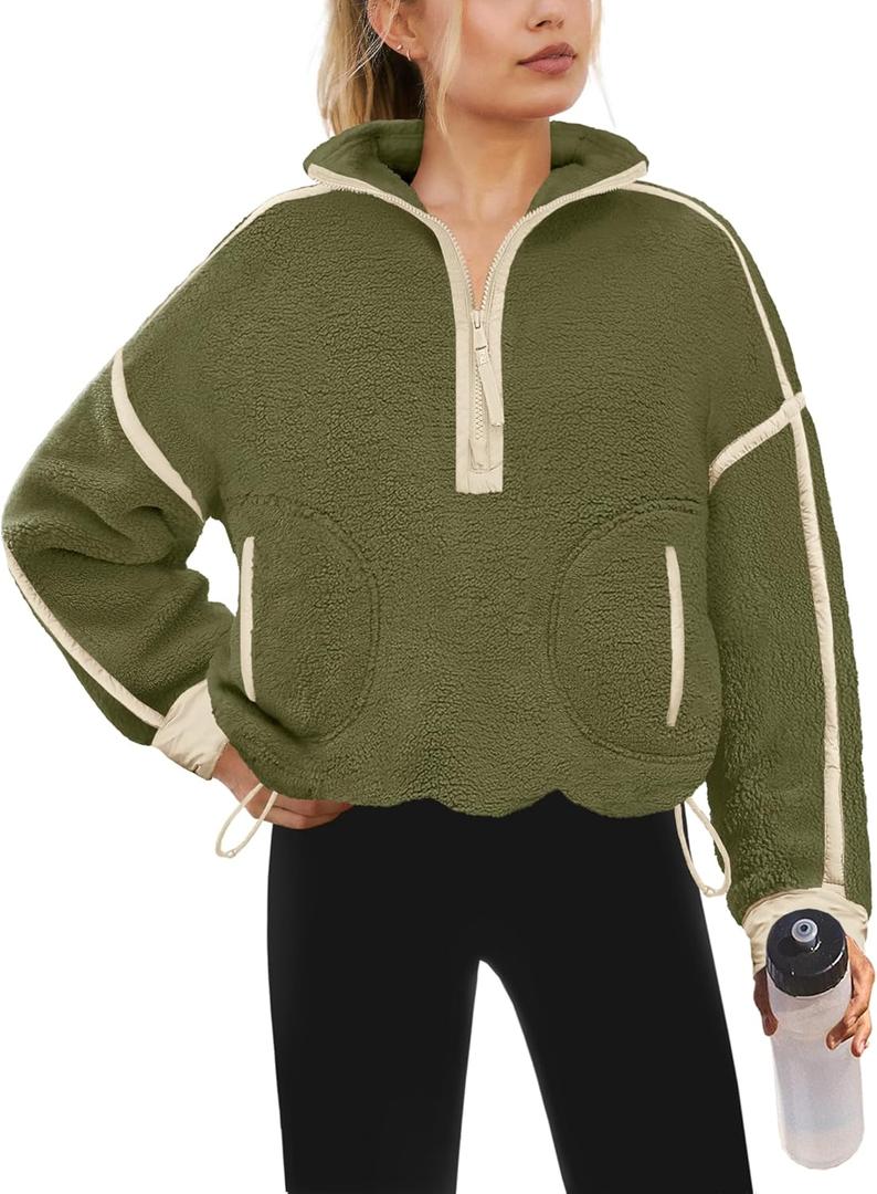 Yanekop Womens Quarter Zip Pullover Sherpa Fleece Jacket Oversized Zip Up Sweatshirt Half Zip Pullover Fuzzy Outerwear (Small, Army Green)