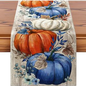 Artscope Pumpkins Eucalyptus Leaves Fall Table Runner,Autumn Seasonal Kitchen Dining Table Decoration for Fall Home Decor 13x48 Inch-Light-Colored Wood