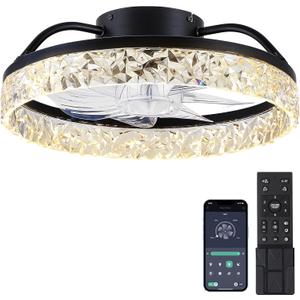 Ceiling Fans with Lights and Remote/APP Control, Modern Dimmable Low Profile Ceiling Fan, Flush Mount Bladeless Ceiling Fan, 16" Memory Function Forward Reverse and 6 Speeds - Black