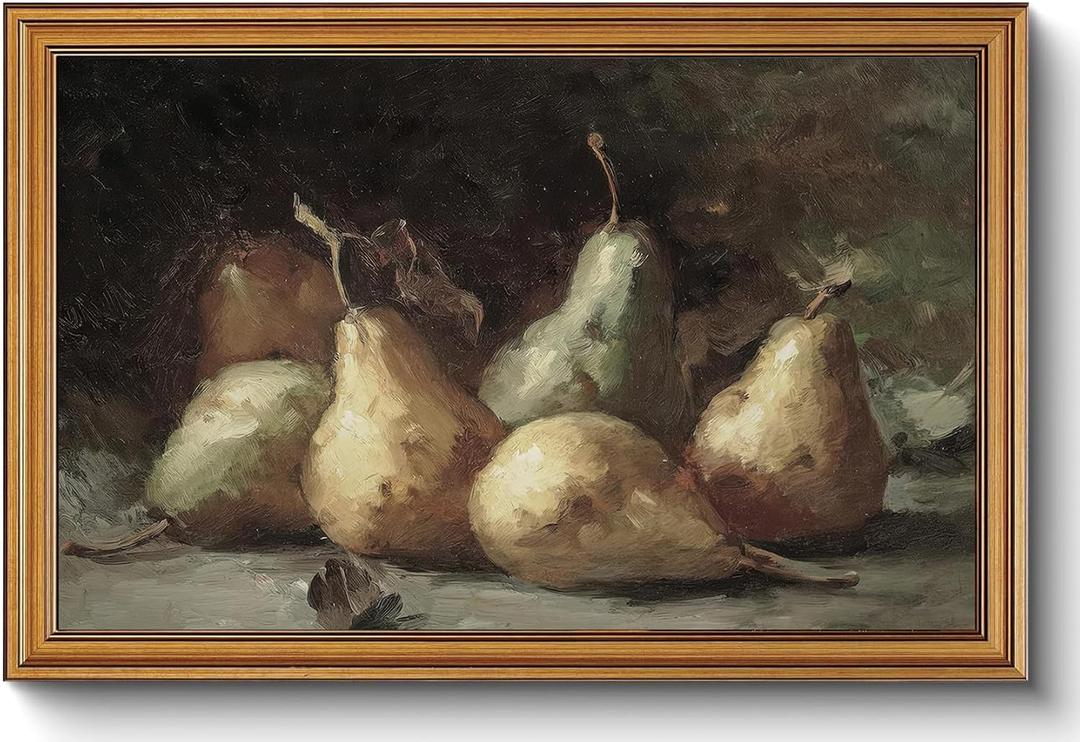Gold Framed Wall Art Vintage Pear Still Life Canvas Art Farmhouse Fruits Picture Wall Decor Antique Prints Rustic Kitchen Paintings Country Artwork for Bedroom Bathroom Living Room 16x24 Inch