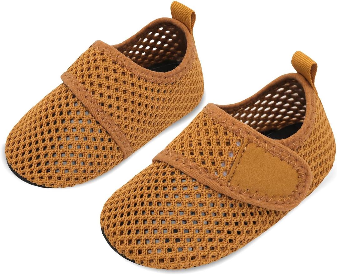 JIASUQI Baby Boys and Girls Barefoot Swim Water Skin Shoes Aqua Socks for Beach Swim Pool (12-18 Months Infant, Mesh Brown)