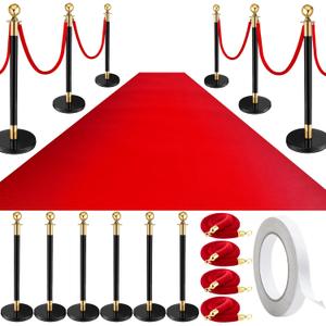 Pelopy 12 Pcs Stanchion Posts Queue Crowd Control Stanchion Velvet Ropes Carpet Set, 38 in Post Sand Injection Hollow Base with Rope for Party Museum (26 ft Carpet,Black,Gold)