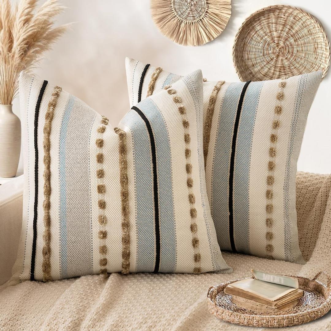ANRODUO Pack of 2 Boho Decorative Throw Pillow Covers 18x18 Farmhouse Cushion Case Striped Chenille Pillow Cases Square Pillow Covers Accent Neutral Pillowcase for Sofa Couch Bed, Light Blue Stripe
