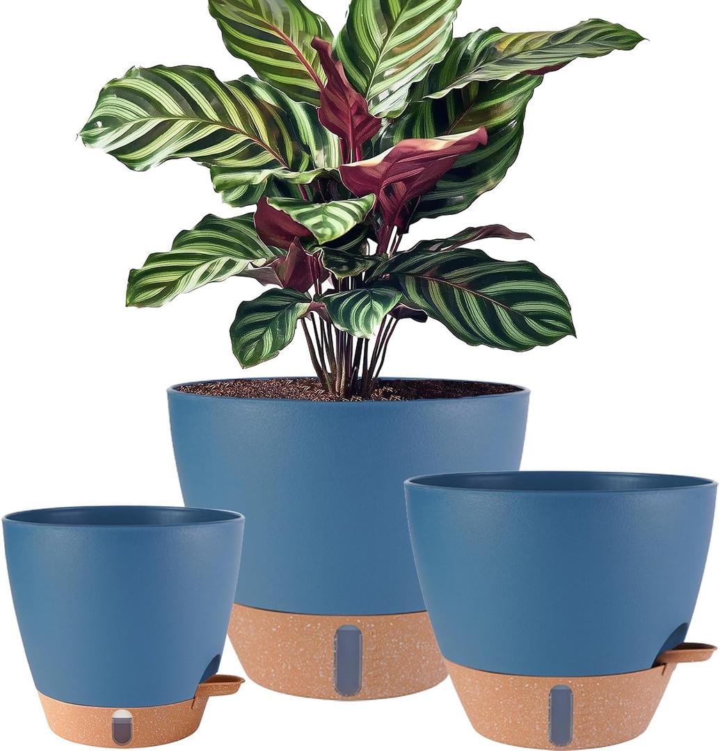12/10/8 inch Plant Pots, Large Plastic Self-Watering Planters with Drainage Holes, Deep Reservoir, Water Level Indicator, Modern Decorative Flower Pots for Indoor/Outdoor Plants (Navy Blue, 12/10/8)