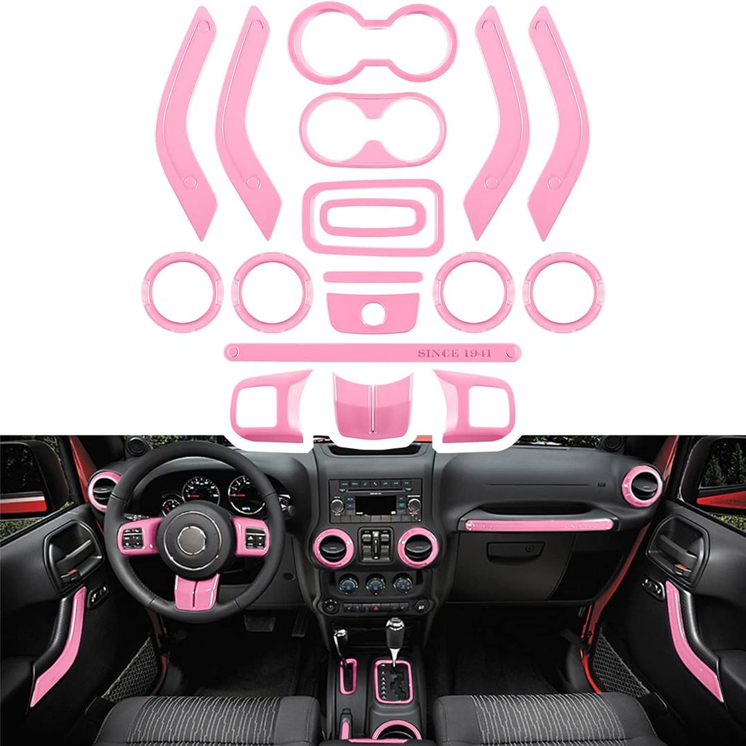 E-cowlboy 18 PCS Full Set Interior Decoration Trim Kit Steering Wheel Center Console Door Handle Air Conditioning Vent Cup Holder Gear Cover Trim for Jeep Wrangler JK JKU 2011-2018 4-Door (Pink)