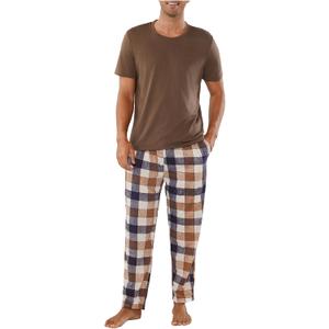 Men's 2 Piece Pajama Set Crew Neck Short Sleeve T Shirt and Plaid Pants Loungewear (Large, Coffee Brown)