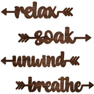 Pigort 4 Pcs Bathroom Wall Decor Wooden Soak Relax Unwind Breathe Plaque Wall Arts Decorations Cutout Farmhouse Sign for Toilet Dressing Room Laundry Room (Brown)