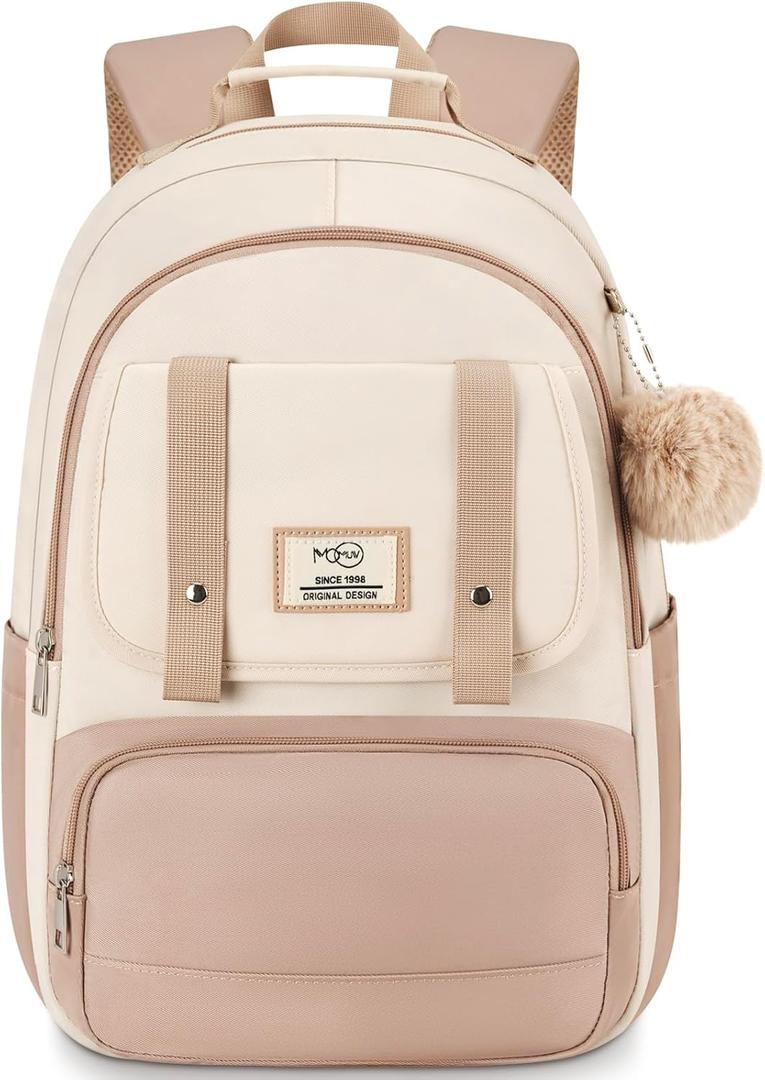 MOMUVO Kids Backpack for Girls,Bookbag for Teens School Bag Elementary Primary Middle School Book Bag,17.3 inch (Beige Khaki-2)