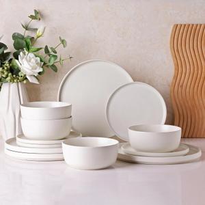 AmorArc Stoneware Dinnerware Sets for 4,Reactive Ceramic Plates and Bowls Set,Highly Chip and Crack Resistant | Dishwasher & Microwave Safe | Round Dishes Set Service for 4 (12pc) (Service for 4 ( 12 pcs), Stoneware Matte White)