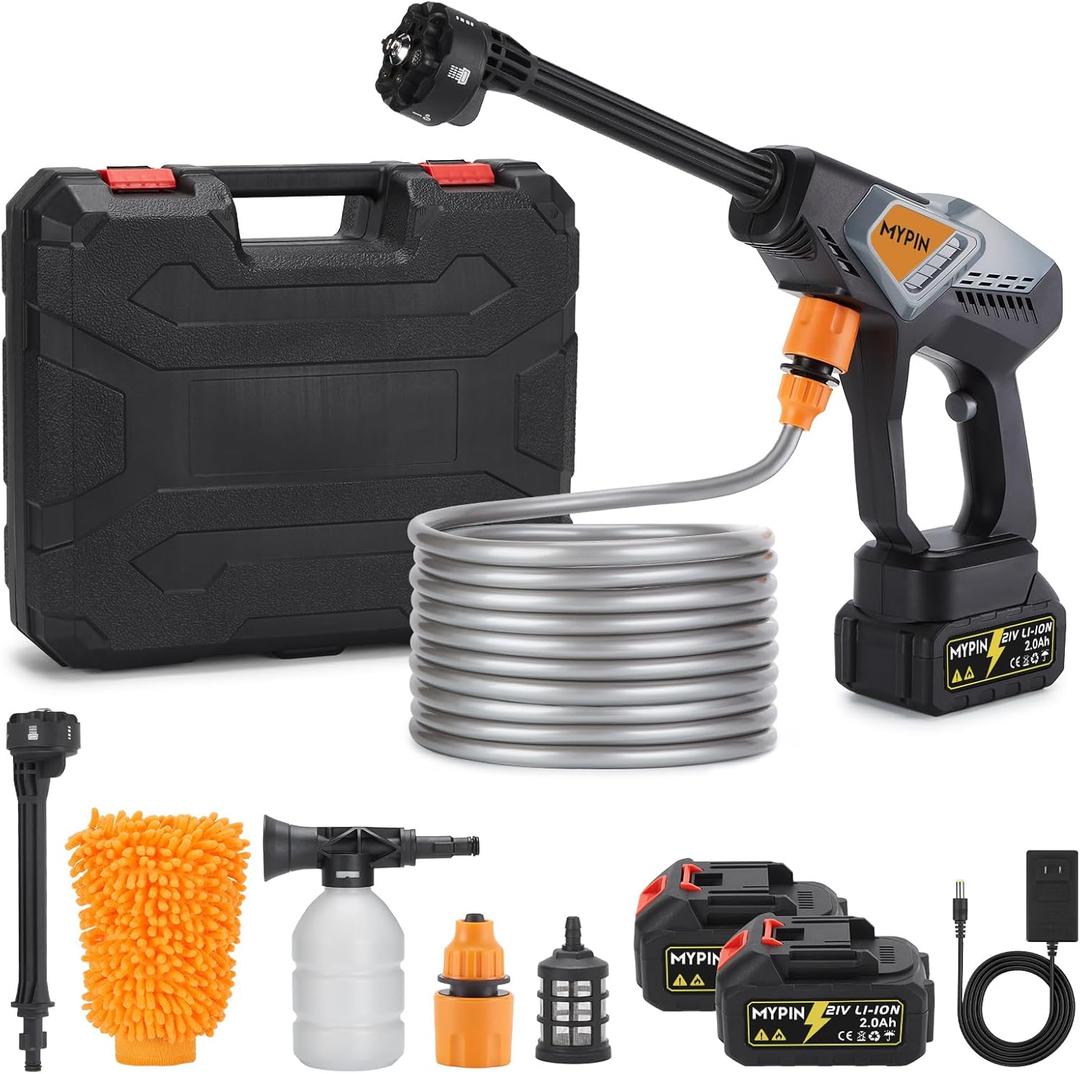 Portable Cordless Pressure Washer, 600 PSI with 21V 2 Rechargeable 2.0Ah Powered Pressure Washer, 6-in-1 Nozzle with 2 Batteries for Car/Fence/Garden/Floor/Yards Cleaning