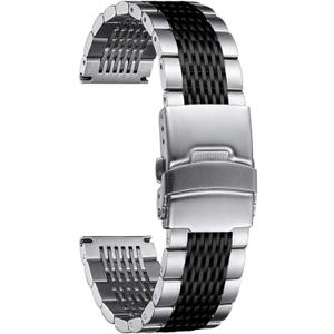 BINLUN Stainless Steel Watch Band, Quick Release Metal Watch Strap Silver Replacement with Double-Lock Deployment Clasp Watch Bracelet for Men Women Silver Black 22mm