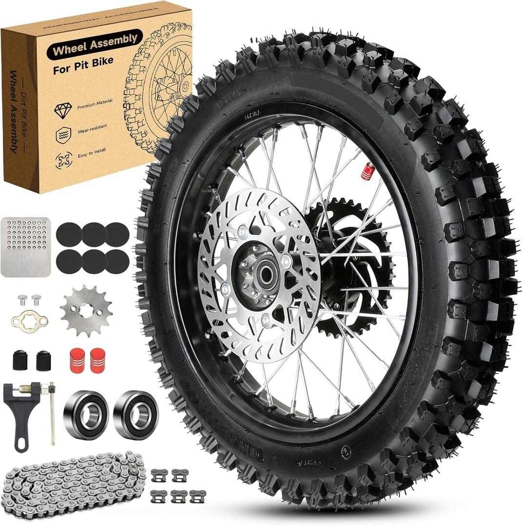 14'' Wheel 90/100-14 3.00-14 Dirt Bike Rear Tire Rim Assembly for RM80 RM85 KLX125 KX85 TT125 YZ80 TaoTao DB17 DB27 Off Road Pit Bike and 12mm Bearings Brake Rotor 428 Chain 41T Sprocket
