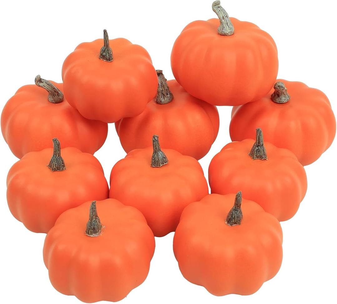 10Pcs Fake Pumpkins Fall Thanksgiving Decorations, Orange Plastic Pumpkins Home Decor, Artificial Mini Pumpkin for Decorating Autumn Harvest Outdoor Indoor Fall Decor Centerpiece Table Decorations