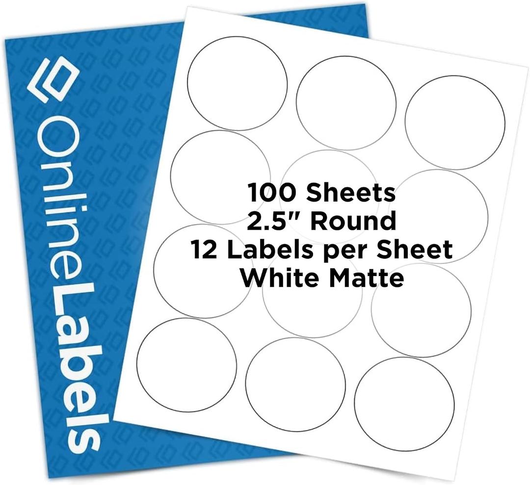 2.5" Round Labels - Permanent Adhesive, White Matte - Great for Candle and Jar Lids, Products, Favor Labels - Pack of 1,200 Circle Stickers, 100 Sheets - Inkjet/Laser Printers, OL350WX, OnlineLabels