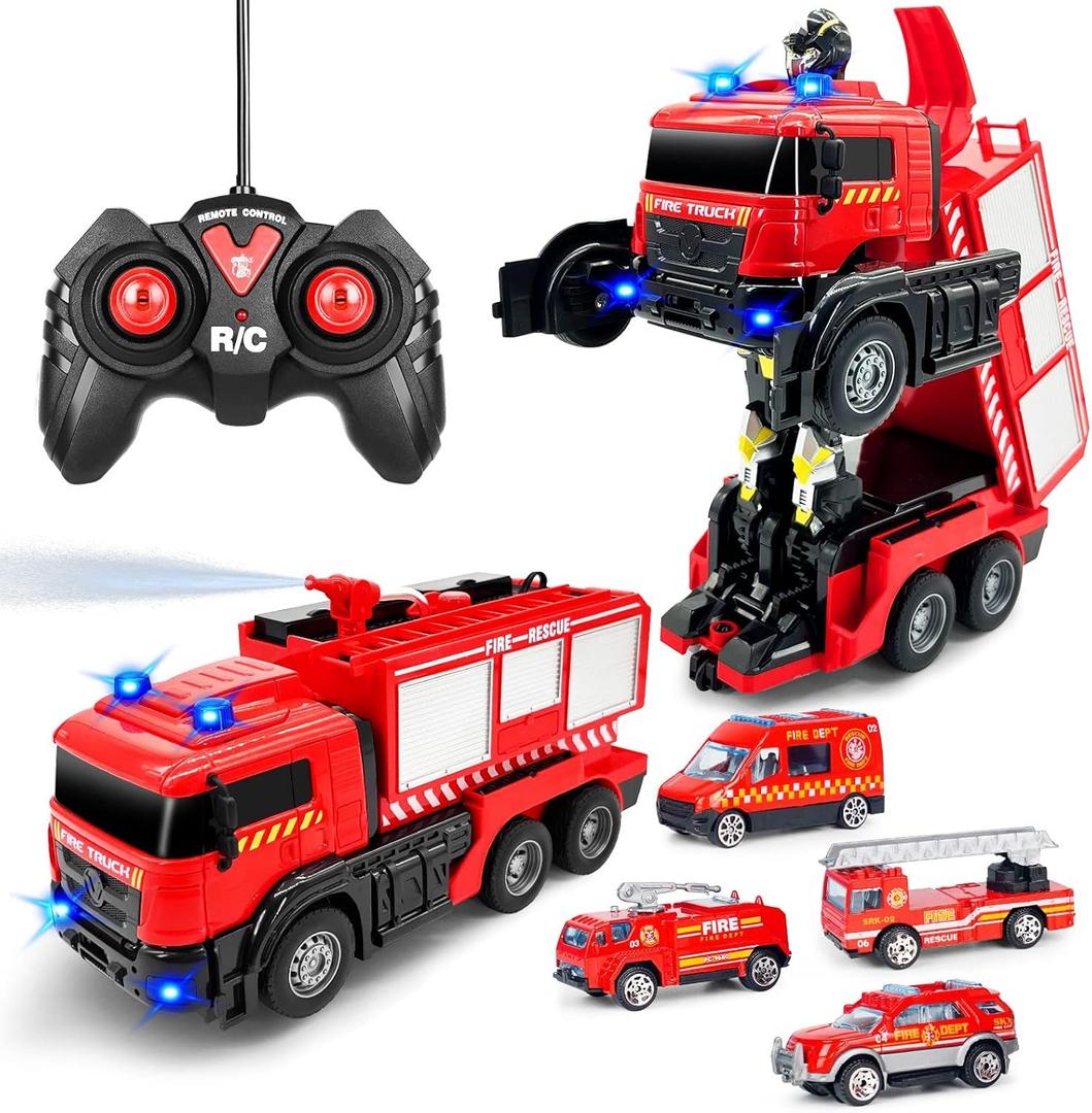 Remote Control Fire Truck With Led Sounds, RC Fire Truck Car Toy With 3pcs Small Firetrucks 10pcs Roadblock Models, One Button Press Spraying Water Transformer Fire Truck Toys For Kids Toddlers Boys