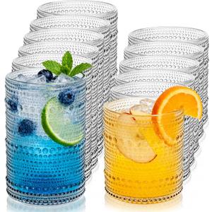 Vintage Hobnail Drinking Glasses Set of 12, 12 Oz Highball Glasses and 10 Oz Cocktail Glasses, Kitchen Glassware Set, Clear Drinking Glass Cups for Cocktail, Whiskey, Beer, Juice, Water, Milk