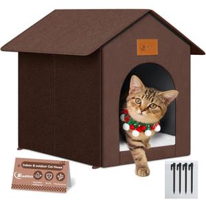 Outdoor Cat House for Shelter Feral Cat, Outside Waterproof Cat House for Outdoor/Indoor Cats, Insulated Cat Bed for All Seasons with Cozy Cushion (Brown, Zip Style)