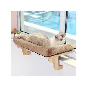 Zakkart Cat Perch for Window Sill with Bolster  Orthopedic Hammock Design with Premium Hardwood & Robust Metal Frame  Cat Window Seat for Large Cats and Kittens  Natural Color Wood Brown Bed, 24''W