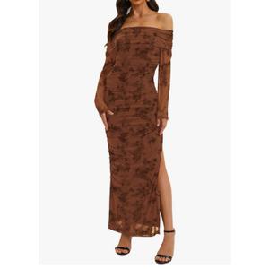 Relipop Women Off Shoulder Dress Long Sleeve Bodycon Mesh Ruched High Split Spring Formal Wedding Guest Maxi Dresses, Size L