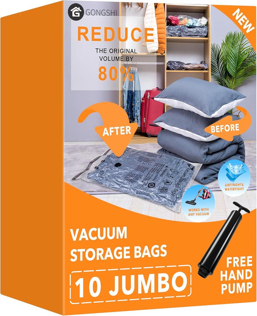 GONGSHI Vacuum Storage Bags, Space Saver Seal Bags For Clothing, Travel Luggage,Blankets, Comforters, Pillows, Clothes Storage.10 Jumbo