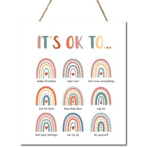 It Is Okay To Inspirational Hanging Wood Signs,Boho Rainbow Wall Decor,Motivational Quote Wood Plaque Sign,Inspirational Wall Decor for Nursery,Mental Health Door Sign for Playroom Classroom Bedroom, 13*11