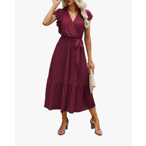Pretty Garden  Women Summer Bohemian Floral Casual Wrap V Neck Ruffle Cap Sleeveless Belt A-Line Pleated Hem Midi Sun Dress Red XXL