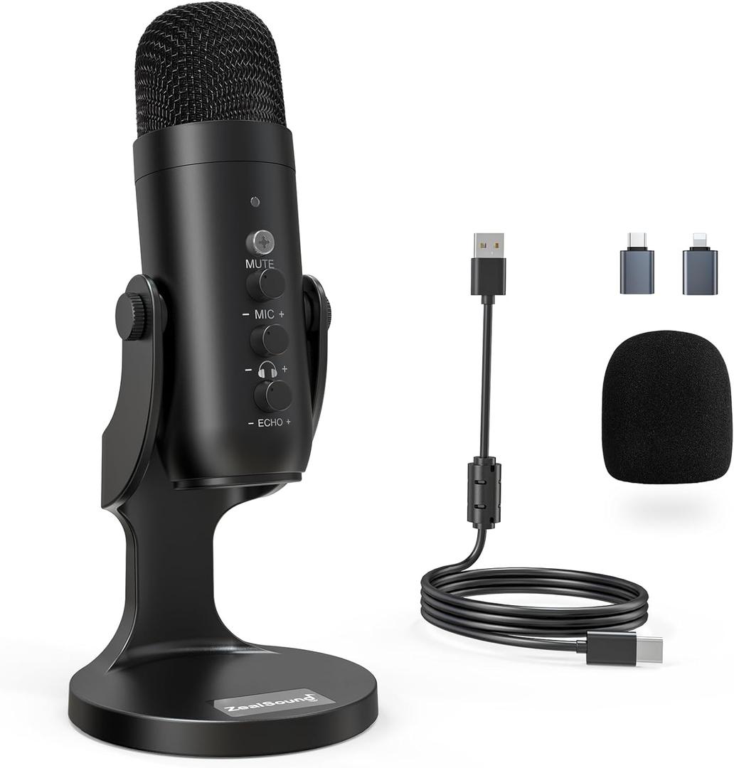 ZealSound Podcast Microphone for PC, Noise Cancellation USB Mic with Gain, Volume Adjustment & Mute Button, Monitoring & Echo, for YouTube, TikTok, Podcasting, Streaming, iPhone, iPad, Android, Mac (Black)