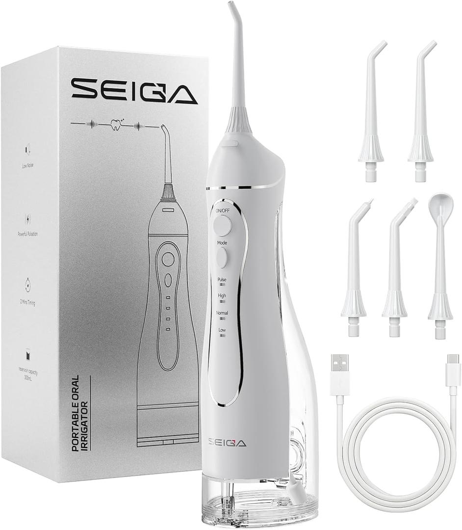 Portable Water Flosser for Teeth, Cordless Dental Flosser with 300ML Large Tank, Rechargeable Oral Irrigator with 5 Replaceable Jet Tips, 4 Modes, IPX7 Waterproof, Deep Cleaning Picks for Home Travel