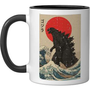 Japanese Kaiju Wave Red Sun Japan Monster Men Women Kids Ceramic Mug, Black/White (11 Ounces)
