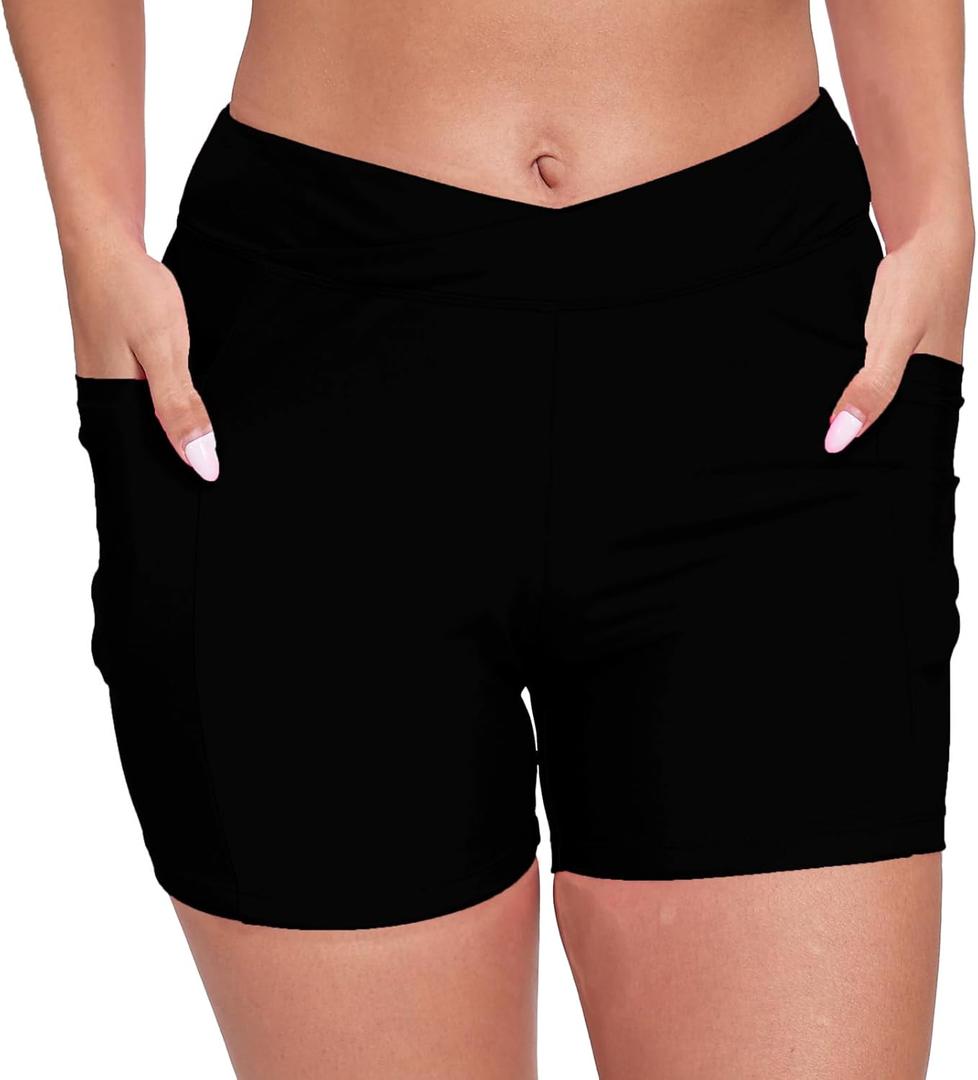 JOYBIK Women's 5" High Waisted Boyshort Swim Board Shorts Swimsuits Bottoms (XX-Large, Black(w/Pocket))