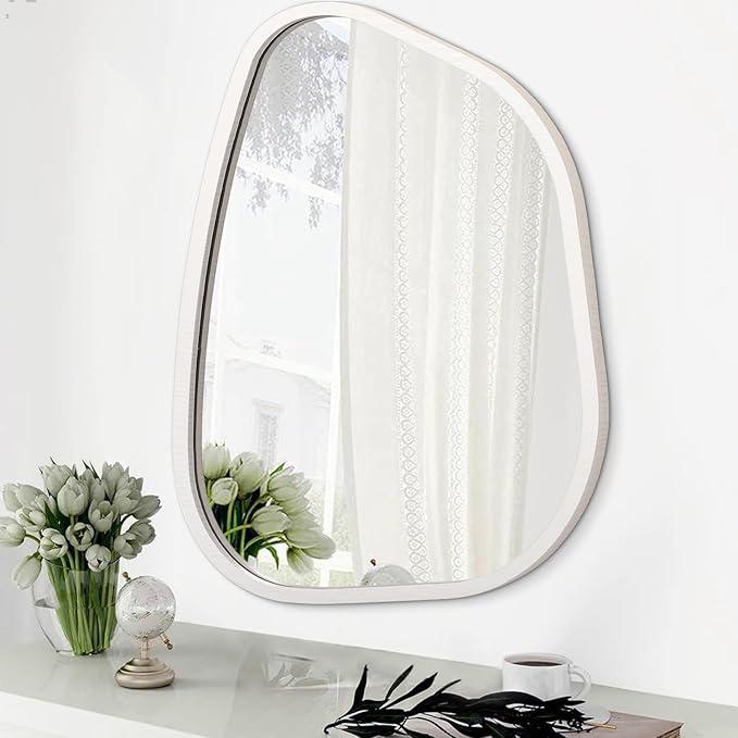 Asymmetrical Mirror for Wall Decor Large 20"x16" Modern Oval Wooden Framed Wall Mirror Unique Shape Wall Mounted Vanity Artistic Wavy Mirror Decorative for Living Room Bedroom Bathroom (Cream)