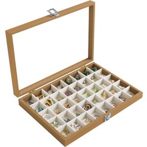 Stratalife Jewelry Organizer 40 Grid Jewelry Trays with Clear Lid Wood Earring Organizer Ring Holder Accessories Box Necklaces Earrings Storage for Women Drawers Vintage Style Beige