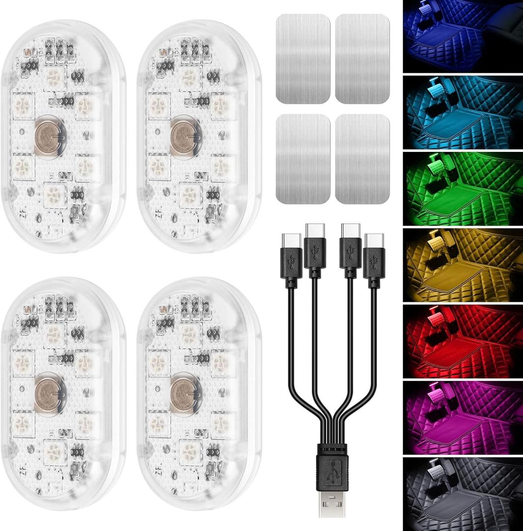 Wireless Car Led Interior Lights 4PCS, 7 Colors Under Dash Lights Touch, Wireless Led Lights for Car, Rechargeable Led Anti-Collision Strobe Lights for Motorcycle, Drones, E-Bikes, Home, Truck