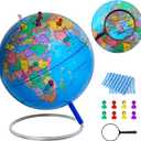 9" World Globe for kids Learning, Classroom Desk, Geographic Globe with iron Stand & colorful Magnetic Push Pins & magnifier & handkerchief, 360 Horizontal Rotation Educational World Globe, Blue