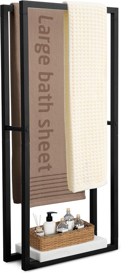 KES 42" H Bathroom Free Standing Towel Rack, Freestanding Floor Towel Rack Stand 2 Tier with Marble Base for Bathroom Floor, Double Large Bath Sheet Extra High Thick, Matte Black, BTH503-BK