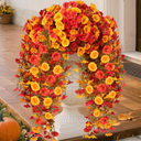 Artificial Fall Hanging Flowers for Outdoors, 2Pcs Faux Silk Fake Morning Glory Mums for Autumn, UV Resistant Realistic Plants for Home Garden Porch Patio Balcony Planter Yard (2Pcs Fall 2 Colors)