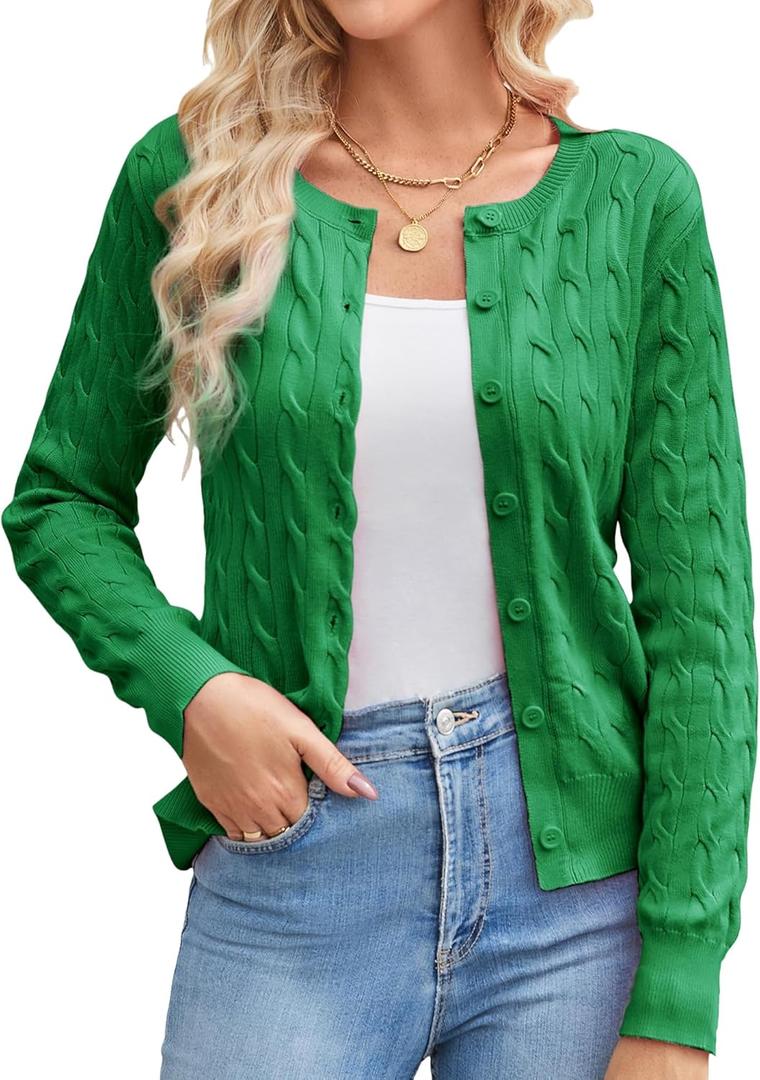 GRACE KARIN Womens Long Sleeve Button Up Cable Knit Cardigan Lightweight 2026 Crewneck Button Down Sweaters for Women (Small, Green)