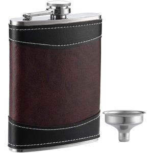 Premium 1 Pack 8 Oz Hip Flask for Liquor Soft Touch Leather Wrap with Funnel,18/8 Stainless Steel Highest Food Grade Leak Proof Classic Flask