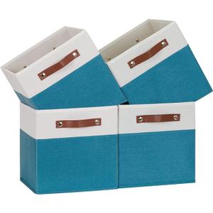 Temary Storage Cube Bins 11 Cube Storage Bins Storage Baskets for Closet, Shelves 4 Pack Fabric Organizer Bins with Leather Handles(White&Teal)