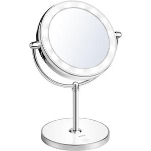 KDKD Lighted Makeup Mirror 1X 7X Magnification Double Sided Round Shape with Base Touch Button, Cordless and Rechargeable (Abs+chrome)