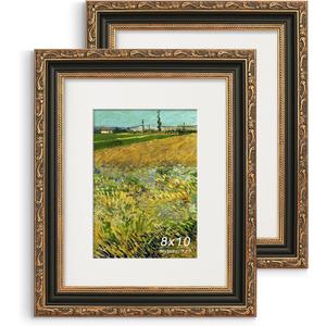 8x10 Picture Frame, Ornate Embossing Frame with Paper Mat and Real Glass, Fit for 8x10 without Mat or 5x7 with Mat, Tabletop or Wall Mounting Display, BlackBlack and Antique Gold, 2 Pack